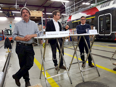 100 Jahre SEV im Depot der Frauenfeld-Wil-Bahn in Wil am 29. Oktober 2019: Podium mit Paul Rechsteiner, Daniel M&uuml;ller-Jentsch und Giorgio Tuti, moderiert durch Peter Hartmann.