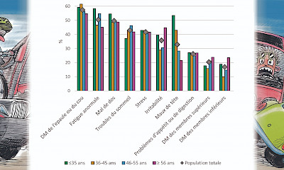 Problèmes de santé répartis par groupe d’âge et population totale. Lire : 61,5% des 36-45 ans ont des douleurs musculaires (DM) de l’épaule / cou.